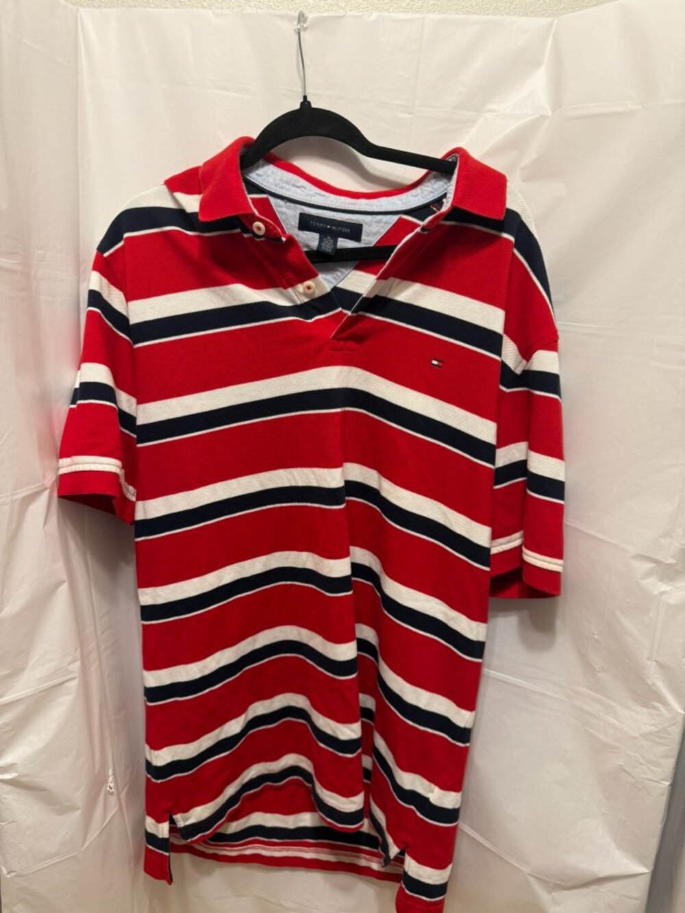 Tommy Hilfiger Mens Red White Blue Striped Short Sleeve Polo Shirt Size XL